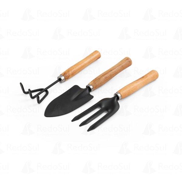 Conjunto de jardinagem personalizado com 3 ferramentas em metal e madeira